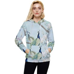 Couple Peacock Bird Spring White Blue Art Magnolia Fantasy Flower Women s Lightweight Drawstring Hoodie by Ndabl3x