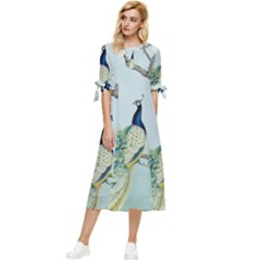 Couple Peacock Bird Spring White Blue Art Magnolia Fantasy Flower Bow Sleeve Chiffon Midi Dress by Ndabl3x