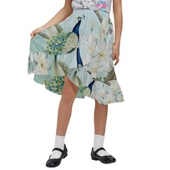 Couple Peacock Bird Spring White Blue Art Magnolia Fantasy Flower Kids  Ruffle Flared Wrap Midi Skirt by Ndabl3x