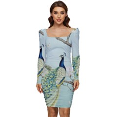 Couple Peacock Bird Spring White Blue Art Magnolia Fantasy Flower Women Long Sleeve Ruched Stretch Jersey Dress by Ndabl3x