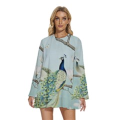 Couple Peacock Bird Spring White Blue Art Magnolia Fantasy Flower Round Neck Long Sleeve Bohemian Style Chiffon Mini Dress by Ndabl3x