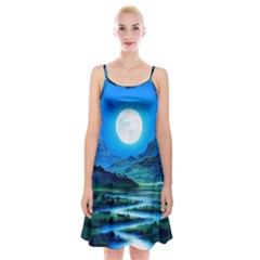 Bright Full Moon Painting Landscapes Scenery Nature Spaghetti Strap Velvet Dress by Ndabl3x