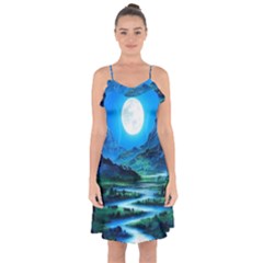 Bright Full Moon Painting Landscapes Scenery Nature Ruffle Detail Chiffon Dress by Ndabl3x