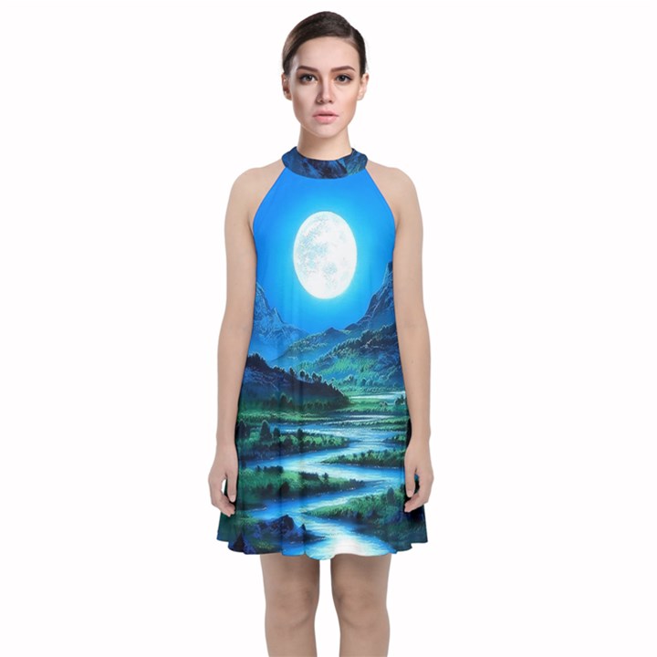 Bright Full Moon Painting Landscapes Scenery Nature Velvet Halter Neckline Dress 