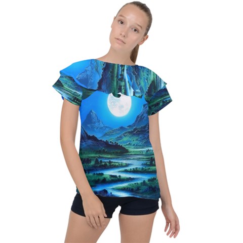 Bright Full Moon Painting Landscapes Scenery Nature Ruffle Collar Chiffon Blouse by Ndabl3x