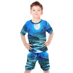 Bright Full Moon Painting Landscapes Scenery Nature Kids  T-shirt And Shorts Set by Ndabl3x