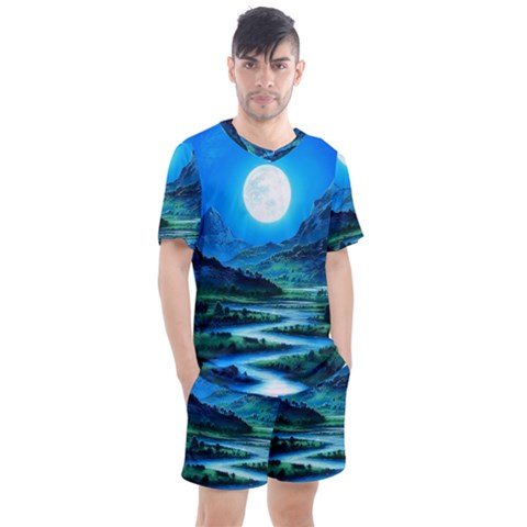 Bright Full Moon Painting Landscapes Scenery Nature Men s Mesh T-shirt And Shorts Set by Ndabl3x