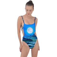 Bright Full Moon Painting Landscapes Scenery Nature Tie Strap One Piece Swimsuit by Ndabl3x