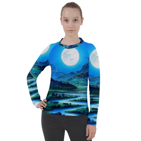 Bright Full Moon Painting Landscapes Scenery Nature Women s Pique Long Sleeve T-shirt by Ndabl3x