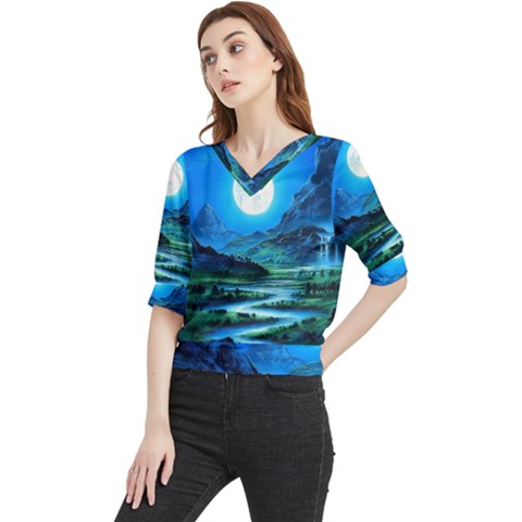 Bright Full Moon Painting Landscapes Scenery Nature Quarter Sleeve Blouse by Ndabl3x