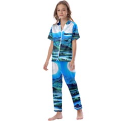 Bright Full Moon Painting Landscapes Scenery Nature Kids  Satin Short Sleeve Pajamas Set by Ndabl3x