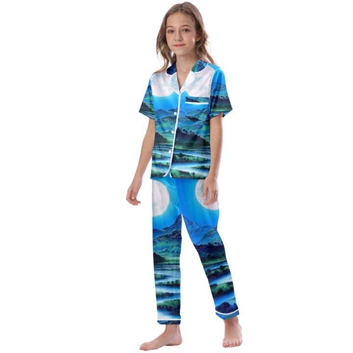 Bright Full Moon Painting Landscapes Scenery Nature Kids  Satin Short Sleeve Pajamas Set