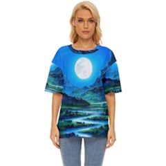 Bright Full Moon Painting Landscapes Scenery Nature Oversized Basic T-shirt by Ndabl3x