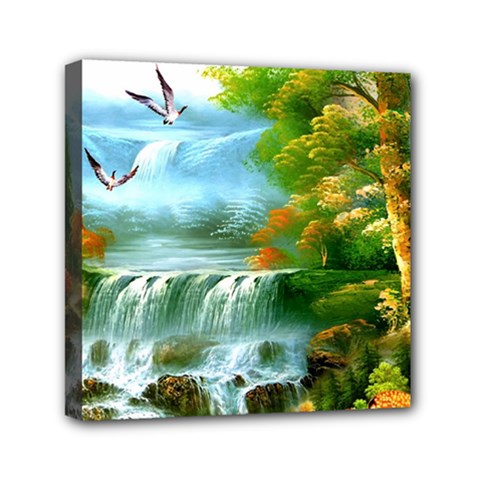 Paradise Forest Painting Bird Deer Waterfalls Mini Canvas 6  X 6  (stretched) by Ndabl3x