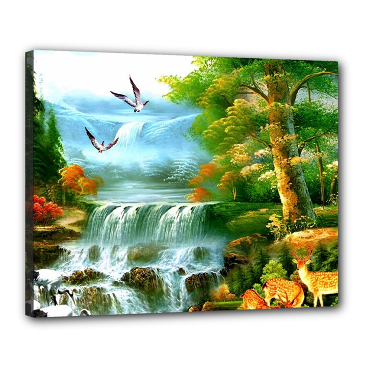 Paradise Forest Painting Bird Deer Waterfalls Canvas 20  x 16  (Stretched)