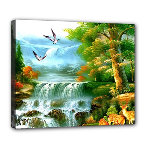 Paradise Forest Painting Bird Deer Waterfalls Deluxe Canvas 24  X 20  (stretched)