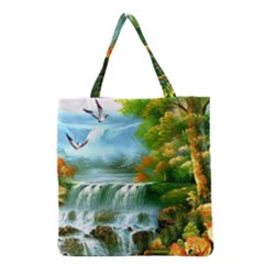 Paradise Forest Painting Bird Deer Waterfalls Grocery Tote Bag by Ndabl3x