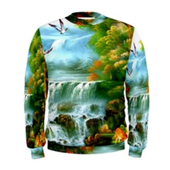 Paradise Forest Painting Bird Deer Waterfalls Men s Sweatshirt by Ndabl3x