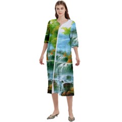 Paradise Forest Painting Bird Deer Waterfalls Women s Cotton 3/4 Sleeve Night Gown by Ndabl3x