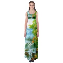 Paradise Forest Painting Bird Deer Waterfalls Empire Waist Maxi Dress by Ndabl3x