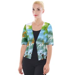 Paradise Forest Painting Bird Deer Waterfalls Cropped Button Cardigan by Ndabl3x