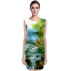 Paradise Forest Painting Bird Deer Waterfalls Sleeveless Velvet Midi Dress by Ndabl3x