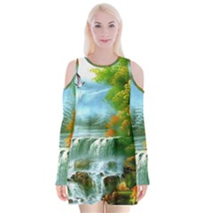 Paradise Forest Painting Bird Deer Waterfalls Velvet Long Sleeve Shoulder Cutout Dress