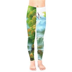 Paradise Forest Painting Bird Deer Waterfalls Kids  Leggings by Ndabl3x