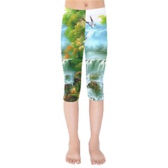 Paradise Forest Painting Bird Deer Waterfalls Kids  Capri Leggings  by Ndabl3x