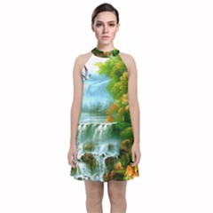 Paradise Forest Painting Bird Deer Waterfalls Velvet Halter Neckline Dress  by Ndabl3x