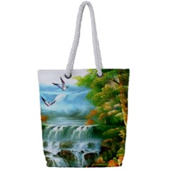 Paradise Forest Painting Bird Deer Waterfalls Full Print Rope Handle Tote (small) by Ndabl3x