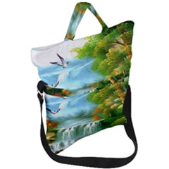 Paradise Forest Painting Bird Deer Waterfalls Fold Over Handle Tote Bag by Ndabl3x