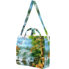 Paradise Forest Painting Bird Deer Waterfalls Square Shoulder Tote Bag by Ndabl3x