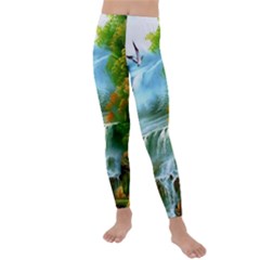 Paradise Forest Painting Bird Deer Waterfalls Kids  Lightweight Velour Leggings by Ndabl3x