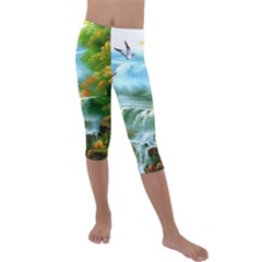 Paradise Forest Painting Bird Deer Waterfalls Kids  Lightweight Velour Capri Leggings  by Ndabl3x