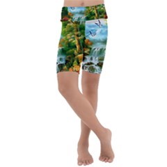 Paradise Forest Painting Bird Deer Waterfalls Kids  Lightweight Velour Cropped Yoga Leggings by Ndabl3x