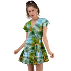 Paradise Forest Painting Bird Deer Waterfalls Flutter Sleeve Wrap Dress by Ndabl3x