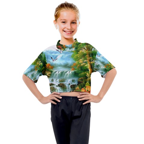 Paradise Forest Painting Bird Deer Waterfalls Kids Mock Neck T-shirt by Ndabl3x