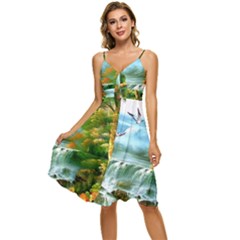 Paradise Forest Painting Bird Deer Waterfalls Sleeveless Tie Front Chiffon Dress by Ndabl3x