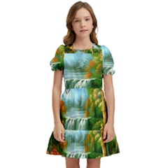 Paradise Forest Painting Bird Deer Waterfalls Kids  Puff Sleeved Dress by Ndabl3x