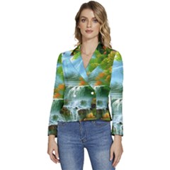 Paradise Forest Painting Bird Deer Waterfalls Women s Long Sleeve Revers Collar Cropped Jacket by Ndabl3x