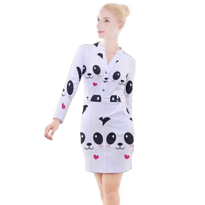 Cute Panda Love Animal Button Long Sleeve Dress