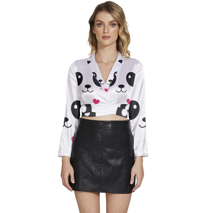 Cute Panda Love Animal Long Sleeve Tie Back Satin Wrap Top