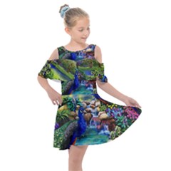 Peacocks In Garden Kids  Shoulder Cutout Chiffon Dress by Ndabl3x