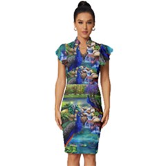 Peacocks In Garden Vintage Frill Sleeve V-neck Bodycon Dress by Ndabl3x