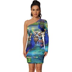 Peacocks In Garden Long Sleeve One Shoulder Mini Dress by Ndabl3x