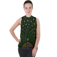 Peacock Feathers Tail Green Beautiful Bird Mock Neck Chiffon Sleeveless Top by Ndabl3x