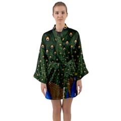 Peacock Feathers Tail Green Beautiful Bird Long Sleeve Satin Kimono by Ndabl3x