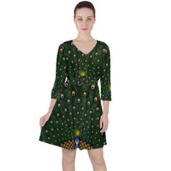 Peacock Feathers Tail Green Beautiful Bird Quarter Sleeve Ruffle Waist Dress by Ndabl3x