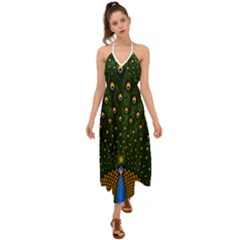 Peacock Feathers Tail Green Beautiful Bird Halter Tie Back Dress 